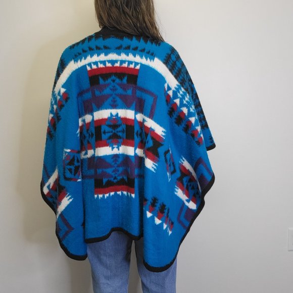 Made in Ecuador Southwestern Blanket Poncho Chief Joseph Super Soft Teal Blue - Picture 9 of 10